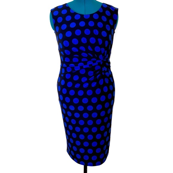 NWOT Precise Petite Jersey Sleeveless Blue Black Polka Dot Pencil Dress Size 10 - Picture 1 of 15